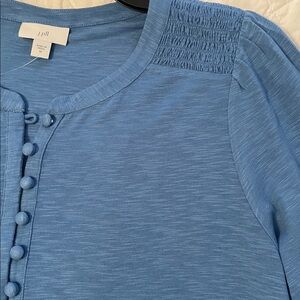 J. Jill Deep Sky Blue Henley Style Top with smocked shoulder and cuffs,